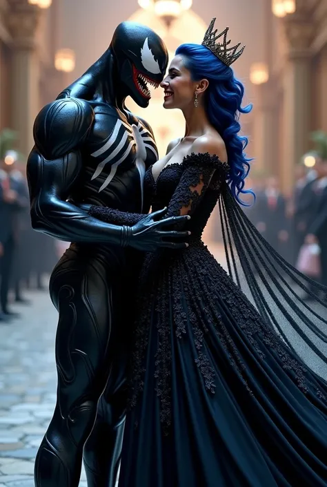 Venom heureux à mes côté se marie avec moi (yeux bleu, grosse poitrine, cheveux chignon marié noir bleuté, robe de mariée noir avec manche et col, voile ultra long avec couronne)