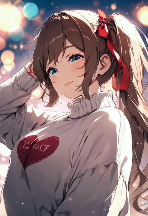  girl,  wearing a cozy sweater, Brown Hair,  ponytails bleeding from the vagina,  Teal Eyelids, Im fastening my hair with a red ribbon ,  upper body, ( smile:1.1),Good smile, An open laugh ,  ( Widely open eyes:1.2), sunlight, Bokeh,  depth of writing,  bl...