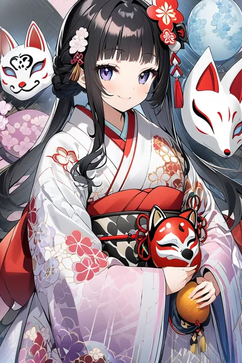 A girl in a kimono with black hair holding a Japanese fox mask in her hand and smiling

models
Animagine XL V3.1
768 x 1152px 

