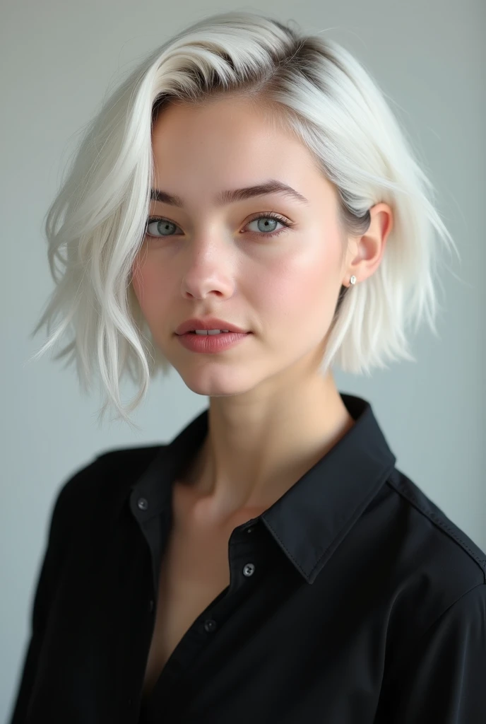 a woman with blonde hair and a black shirt posing for a picture, girl with short white hair, white hair color, girl with white hair, short white hair, perfect white haired girl, white short hair, white - blond hair, white blonde hair, pale hair, white beau...