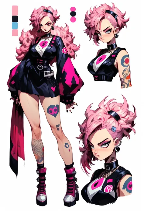 character sheet,girl,alone, fighter,  Long pink hair , gothic clothes , Big breasts , hips and thighs, tattoos, dragon ball
