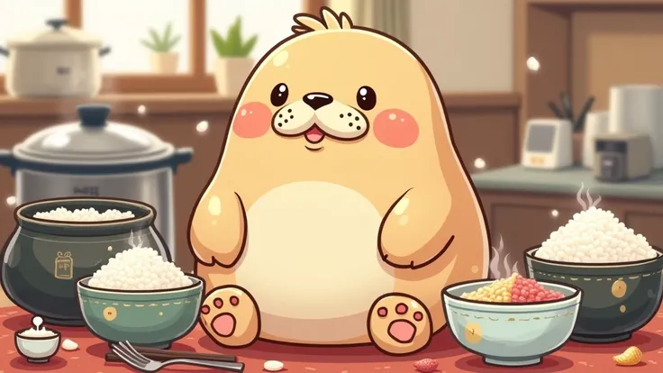  cute illustration of a walrus with a full stomach、There are rice and rice cookers around