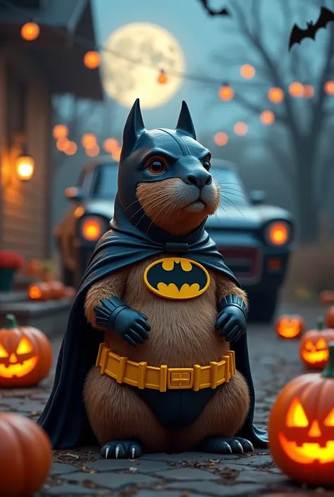 "Create a whimsical and captivating representation of a capybara dressed in a detailed Halloween costume of the famous Batman. The costume includes vibrant Batman details, a fun cape and helmet resembling Batmans head. The capybara sits in the center of a ...