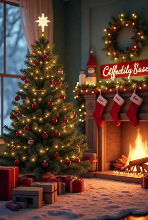 A Christmas background with a Christmas tree and a sign that says Pinzón Sánchez family 