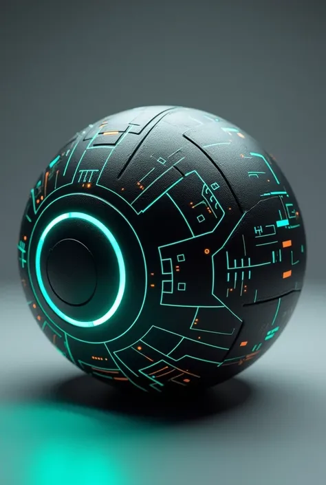 A high-tech gym medicine ball with a smooth surface. The ball is covered in intricate glowing circuit patterns in bright blue and green, giving it a futuristic feel. The grooves of the ball are highlighted in metallic orange, creating a dynamic contrast. T...