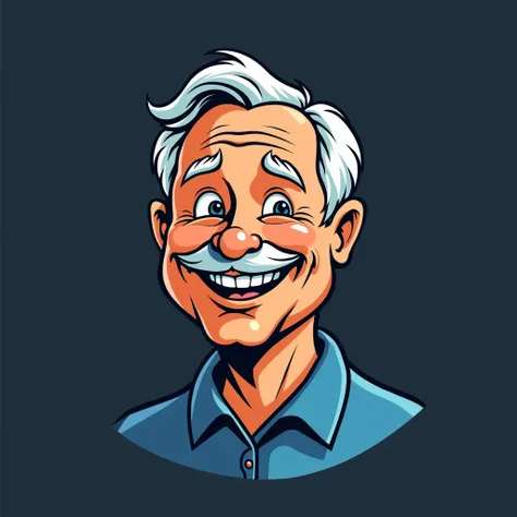 A logo of an extremely happy and smiling 50-year-old man, anthropomorphic, with an orange and blue color palette on a dark background, using simple shapes and few details without shading, in the style of comics