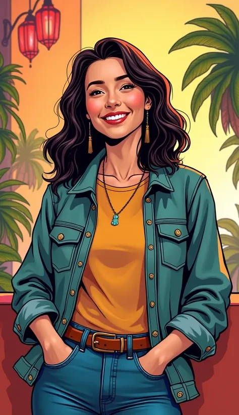 DISCREET image. with discreet casual clothes. image adult woman, american, comic book style. SHE IS HAPPY AND GRATEFUL, with a discreet smile. IMAGES WITH VIBRANT COLORS.