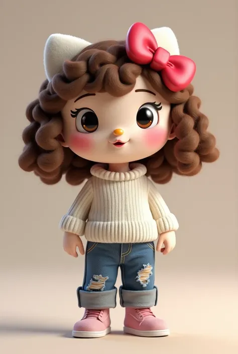 Create a hello kitty image, with curly hair, torn pants and a white sweater 