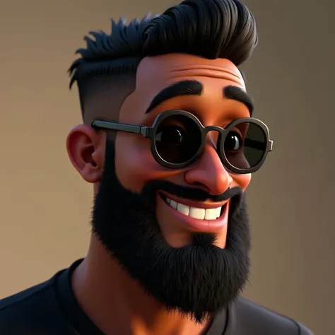  A Disney style 3d movie poster from Pixar, a young black man, with a long beard,  with a big, pointy nose and a black shirt ,  short straight hair tidy is not elegant upwards with a gradient cut on the side,  dark brown eyes , smiling, With sunglasses and...