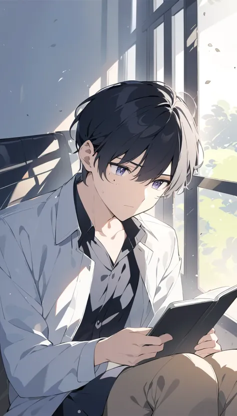 A high school boy with slightly messy black hair, engrossed in reading an ebook on a sleek, modern e-reader. Hes sitting by a library window, soft sunlight illuminating the dust motes in the air. A slightly pensive expression on his face."