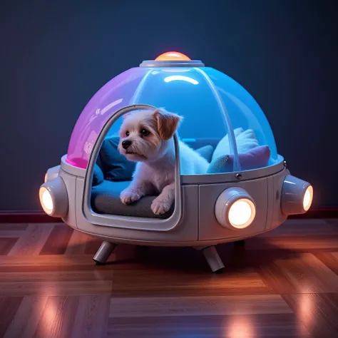 "A futuristic dog house shaped like a spaceship, featuring a transparent dome on top and color-changing LED lights. The circular entry resembles a spacecraft door, and the interior is decorated with planet-shaped cushions. Perfect for dogs who love a galac...