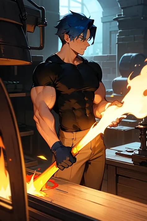 A muscular man with medium length, dark, blue hair stands in a forge, hard at work. He wears a tight black muscle shirt, and baggy brown pants. He is focused on creating items. He is in a fantasy setting.