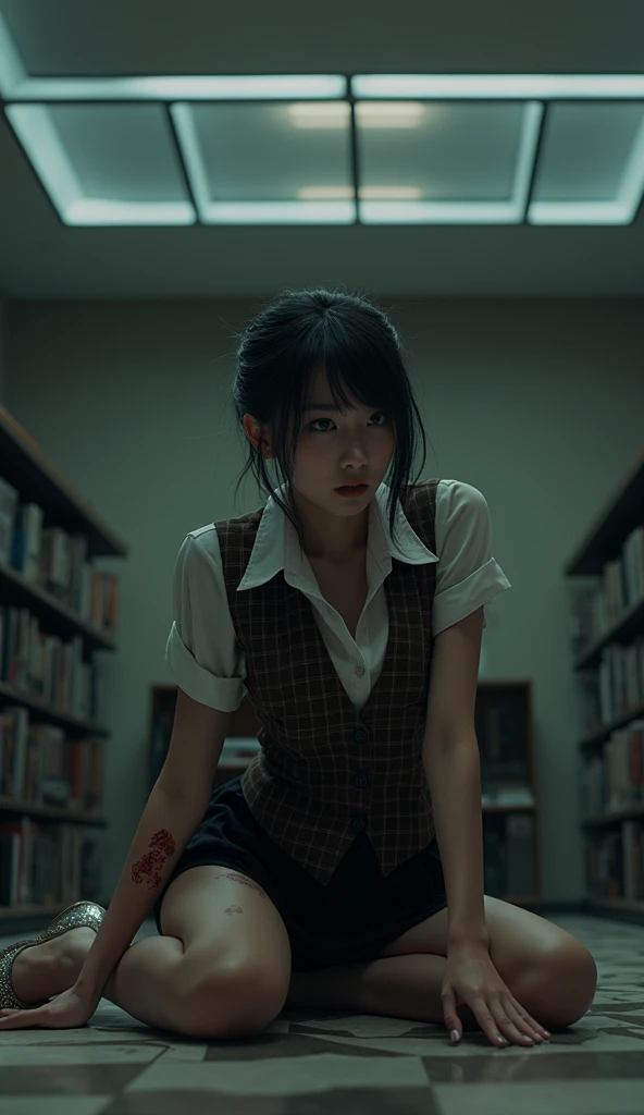 ((Horror:1.9, 32K:1.8, Photographically:1.8,  best quality:1.8, masterpiece:1.8,  ultra high resolution:1.8)),   High Resolution Skin and Face Textures ,  professional low angle camera work,  cinematic lighting, ( sexy:0.5, Tall Japanese Woman:1.0, OL:1.3,...