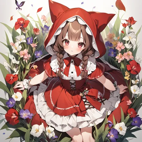  1 girl 、An aesthetic nightmare、Brown Hair, bangs,  braids , Iris、ribbon,  Little Red Riding Hood