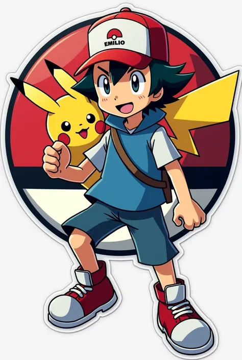 Can you generate stickers of Ash with Pikachu on his shoulder on top of a Pokébola with the name Emilio