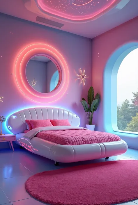  Create the image of a room themed by the singer Xuxa, without people, Just the room raised ,  with retro style from 2000 ,  with a bed looking like a spaceship ,  pastel shades mixed with galaxy .