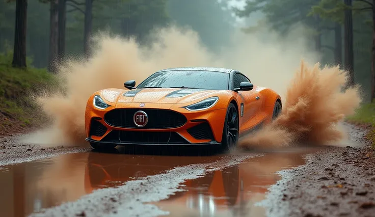 "FIAT Touro" Drifting tilted sideways, on a dirt road in rainy weather,  gathering a lot of dust , With a splash of rain , water puddle,  perfection we detail , intense colors ,  cinematic photo , 8K HDR.