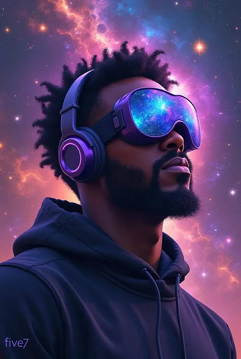 A black man in the galaxy wearing a galaxy mask and purple headphones and written FIVE7 on the bottom of the galaxy 