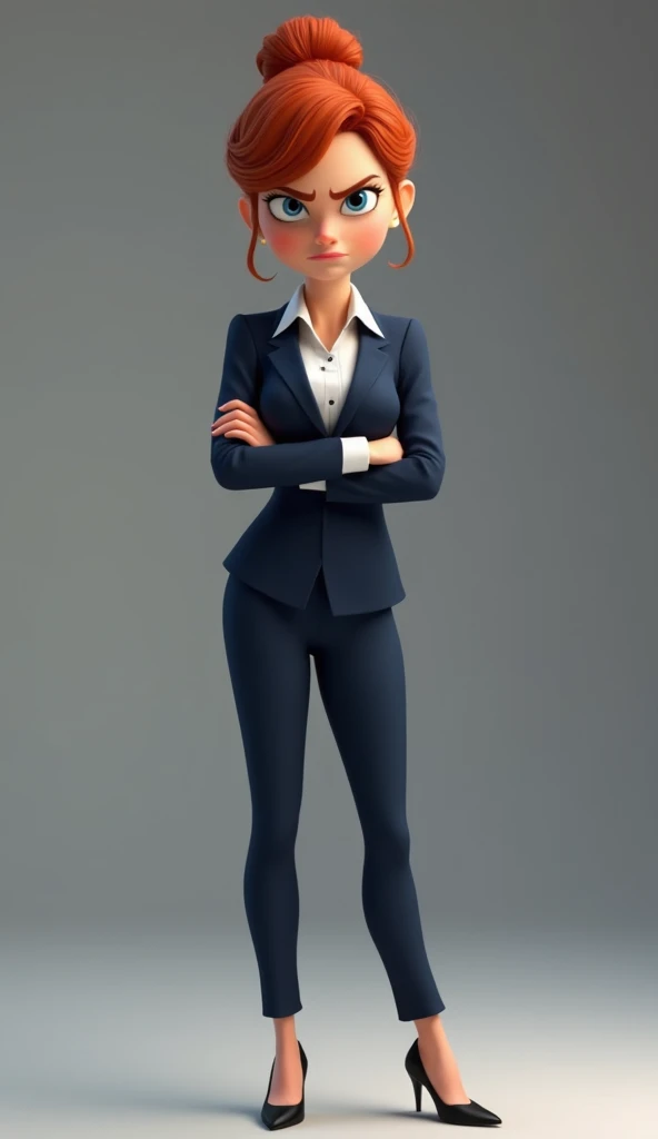 A woman with red hair, hairstyle up in a bun and blue eyes of 2, was wearing a dark blue business suit and black heels, angry and frowning, arms crossed and standing defiantly. 3d pixar style, --cref. The image must be full body, from head to toe