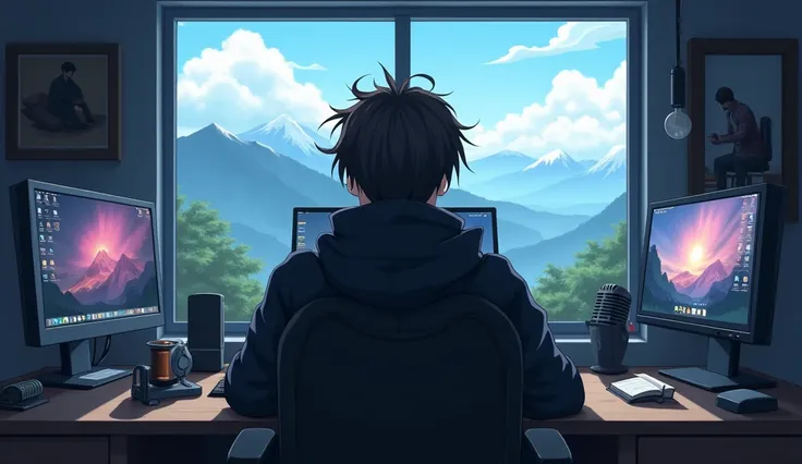 A ANIME MAN SITTING IN HIS GAMING ROOM WHICH HAS A WINDOW IN WHICH VIEW OF MOUNTAINS CAN BE SEEN . THE MAN IS WEARING BLACK JACKET . INFRONT OF MAN THERE IS A TABLE IN WHICH BOOK AND MIC IS KEPT.WE CAN SEE THE FACE OF ANIME MAN AS HE COULD SIT FORWARD.