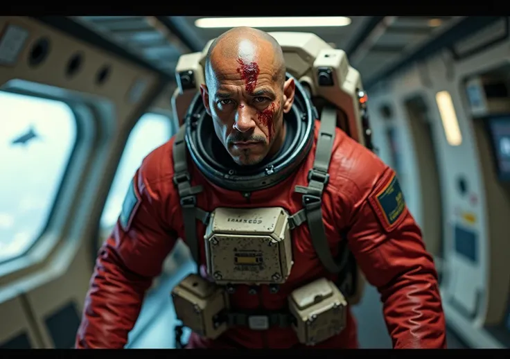  High resolution,  astronaut looking like Vin Diesel in a red suit inside a space station, walking inside a spaceship , with his dirty suit ,  a blow to the head and blood on the forehead, blank stare