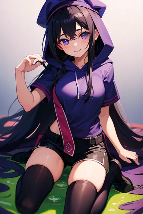 1girl, solo, long hair, looking at viewer, blush, smile, blue eyes, black hair, hat, closed mouth, medium breasts, purple eyes, short sleeves, shorts, hood, arm up, kneeling, green headwear, purple thighhighs, slime (substance)