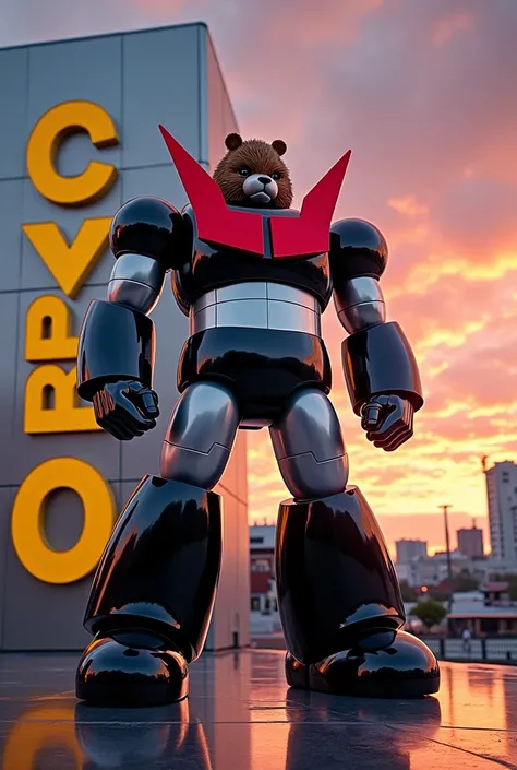  Mazinger Z with a beavers head on a Japanese stage,  in a building says CYBRO in yellow . Metallic and shiny colors ,  the sky should be seen at sunset  