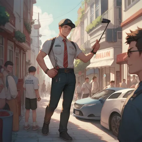 Men in uniform on the street whipping slaves on the street, cartoon, drawing, anime