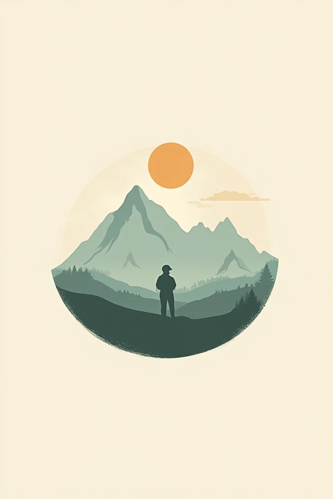 Please make a logo design of a natural landscape with a mountain and a person in front of the design