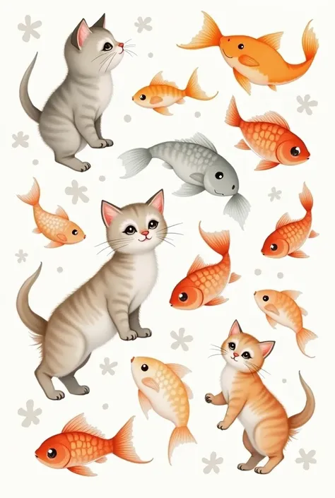 Stickers of kittens and fish in minimalist watercolor style