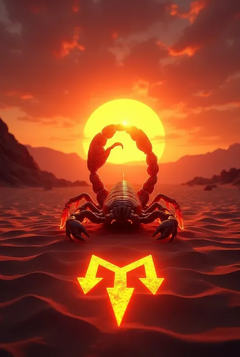  Create a digital fantasy image showing a desert at sunset in deep shades of red, orange and purple.  Add a stylized scorpion in the center ,  with brilliant fire details and shadows .  The symbol of the Scorpion sign  (an M with an arrow tail )  must be d...