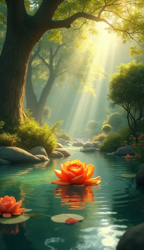  passes through it A Distant carrot-colored rose in a pool of water, surrounded by large trees,  where a stream ,  and large shrubs , with rays of the sun  