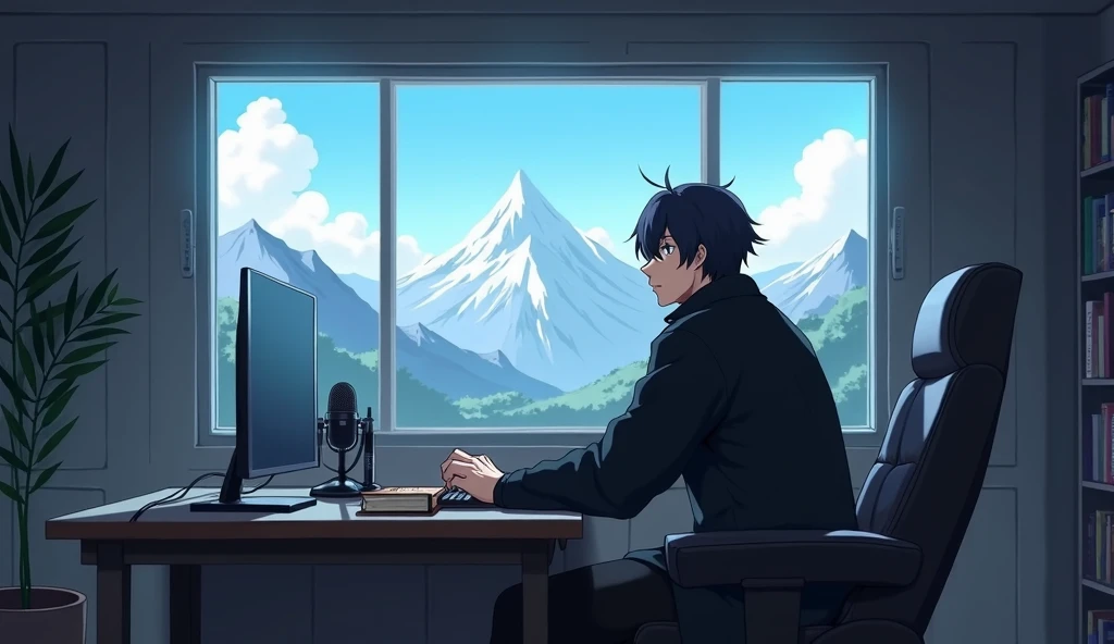 A ANIME MAN SITTING IN HIS GAMING ROOM WHICH HAS A WINDOW IN WHICH VIEW OF MOUNTAINS CAN BE SEEN . THE MAN IS WEARING BLACK JACKET . INFRONT OF MAN THERE IS A TABLE IN WHICH BOOK AND MIC IS KEPT.THE ANIME MAN COULD SIT OPPOSITE TO THE WINDOW.