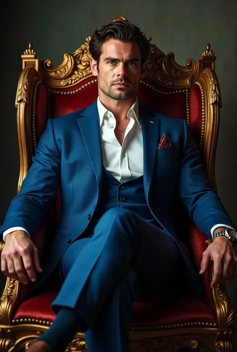 The image depicts actor Henry Cavil of Italian descent sitting in an ornate wooden chair with intricate carvings. He has a sophisticated and elegant appearance, enhanced by his confident posture. He is wearing a luxurious blue suit with a white dress shirt...