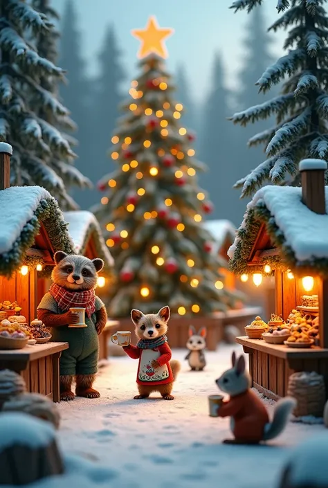 "A hyper-realistic Christmas market nestled in a snowy woodland clearing. Tiny wooden stalls, intricately decorated with lights, garlands, and golden stars, form a circle around a giant glowing Christmas tree. Anthropomorphic animals such as raccoons, squi...