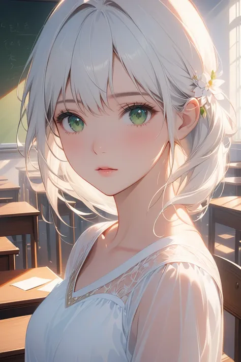 masterpiece, Top quality, Super Detail, 8K, Detail Light, Detailed shadows, Raw, (Delicate skin), (real: 1.2), 1 girl, black hair, Green eyes，White Dress，Eye close-up，standing in a classroom, looking straight ahead