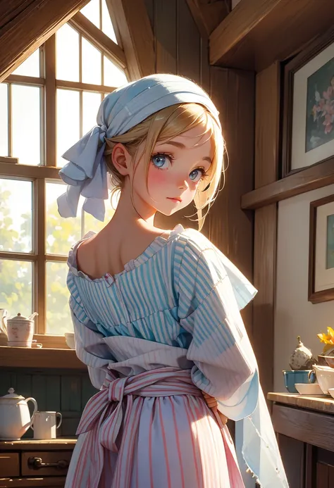 Watercolor of an innocent cute  looking back over her shoulder, colorful, bust, striped cloth on her head, big clean eyes, poor farmhouse room, gentle sunlight through the window, top quality picture.