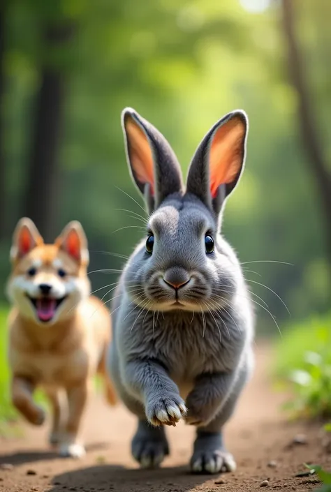 Photos for advertising. Close-up photos. A gray rabbit and a friend are running around in the park