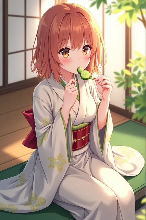 Anime girl wearing guest clothes and eating cucumber