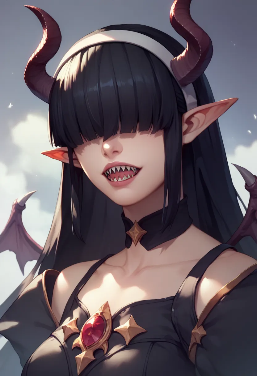 rosto detalhado, grandes olhos, sharp teeth, hair over eyes, hairband, demon horns, demon wings, long hair, pointy ears, elf, bl...