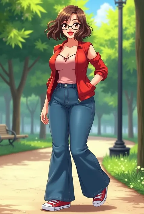 FAT and curvaceous with short hair up to the shoulders wavy brown , reading glasses ,  brown eyes ,  red lips,   sleeveless red jacket under a low-cut sleeveless t-shirt ,   wide-leg blue jeans red and white canvas sneakers in the background of a sunny par...