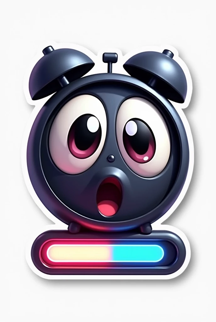 
"3D Pixar-Disney-style sticker featuring a playful and animated clock with a sleek black body and large, expressive eyes designed in a Japanese or Korean style, resembling characters from anime or K-dramas. The eyes are wide, almond-shaped, and feature de...