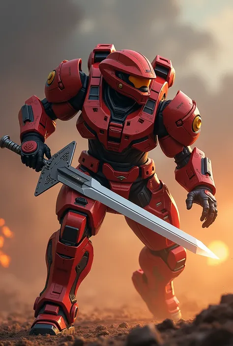 Make a soldier on red with Orange details armor inspired like Master Chief with a Sword on his hand dodging a missile.