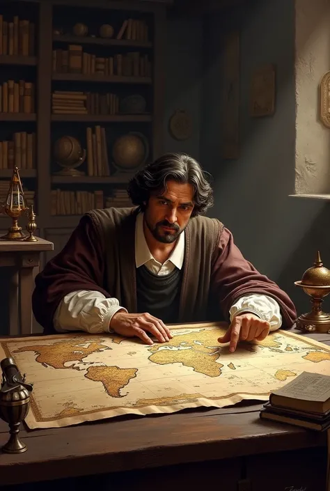 CHRISTOPHER COLUMBUS STUDYING A MAP 