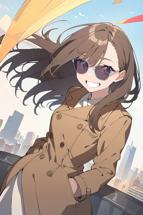  1 girl ,  shortcuts,  brown coat, The City Seen in the Distance , sunglasses, teeth and laugh,  Put Your Hands in Your Pocket 