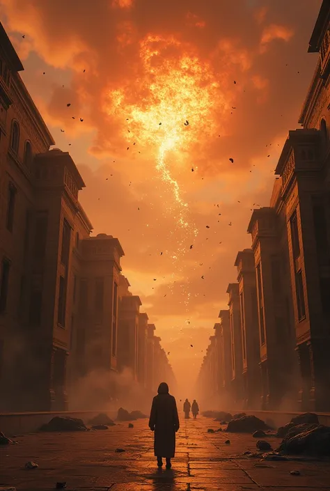 Fire falling from the sky in a Babylonian period city. Melancholic image, Cold with realistic style  