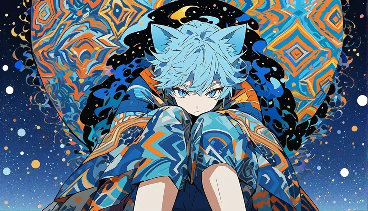 This image depicts a character in an anime style, with a background of a sky full of moons. The male character has blue hair and cat ears, wearing an outfit with interesting patterns and colors, with a sitting posture hugging his knees.