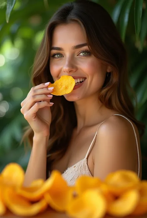 Beautiful woman eating dehydrated mango chips in a sensually form in a tropical context could you make the mango in a chip form could you make it a little bit more sensual podrías poner un texto que diga crunchy Mango 
Y otro que diga all the tropical flav...