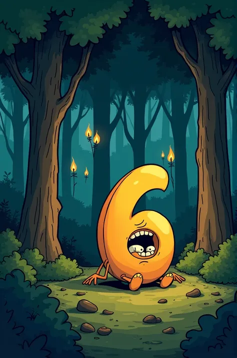 Believe me a sad and frightened number 6 sitting under a tree eating a mango that is behind it the other numbers looking for it with torches in a place with many trees in the background in a cartoon for ren