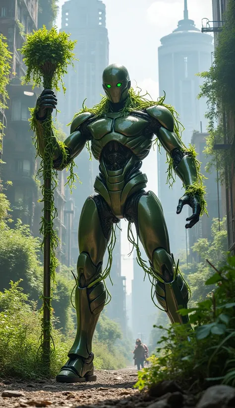 Nature Avenger Bot: A bio-mechanical robot with plant-like tendrils and a staff sprouting vines, fighting invaders in a reclaimed urban jungle.